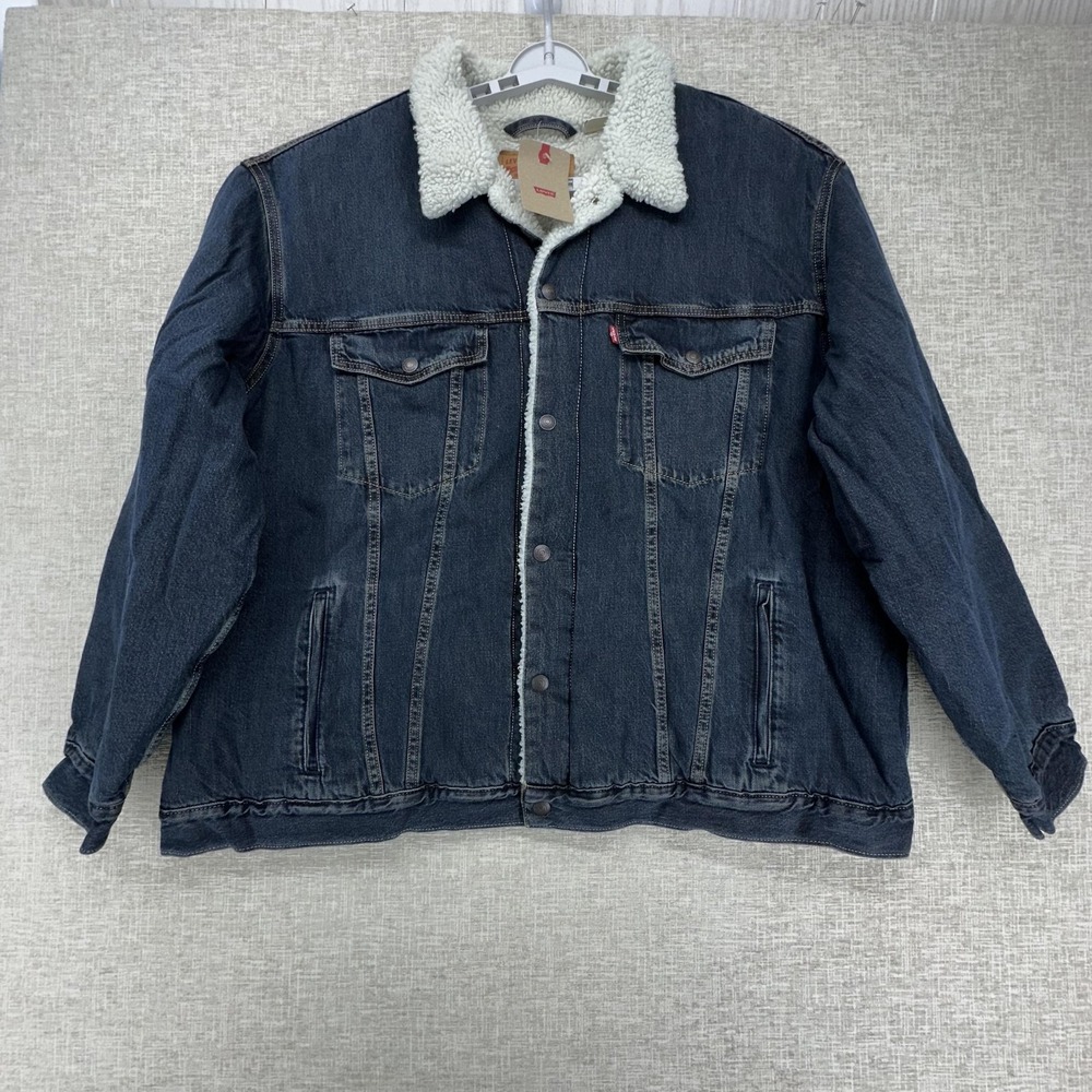 Levi's Trucker Denim Jacket Mens 4XL‎ Dark Blue Sherpa Lined Snap Front Warm